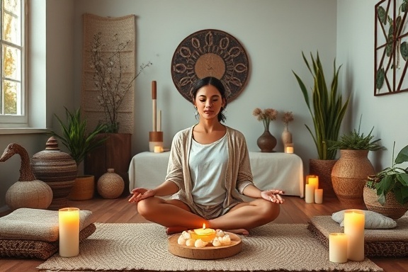 harmonious naturopathic wellness, meditative expression, centering, photorealistic, cozy wellness room with earthy decor and healing crystals, highly detailed, gentle essential oil diffusion, fine texture clarity, soothing pastels, dimmed candlelight lighting, shot with a wide-angle lens.
